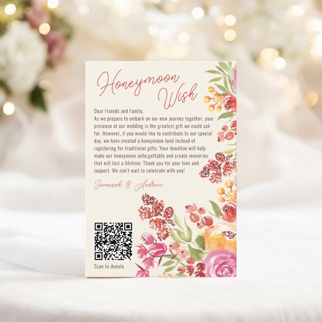 Carte D'accompagnement Boho Floral Honeymoon Fund QR Code Fête des mariée (Boho Floral Honeymoon Fund QR Code Bridal Shower Enclosure Card)