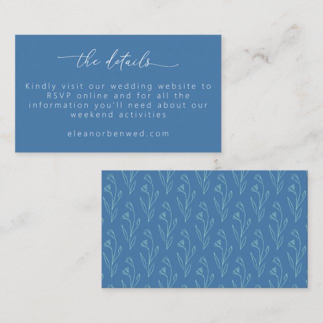 Carte D'accompagnement Boho Floral Line Art Blue Script Wedding RSVP (Devant / Derrière)