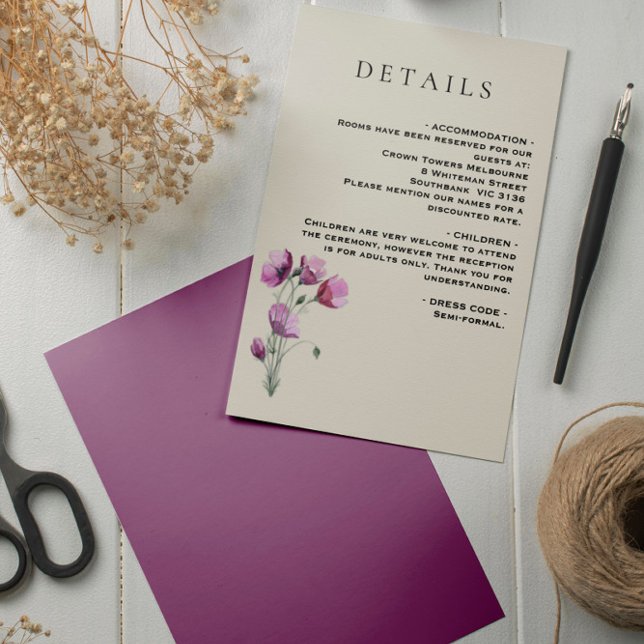 Carte D'accompagnement Boho Floral Plum et Mariage beige Détails (Créateur téléchargé)