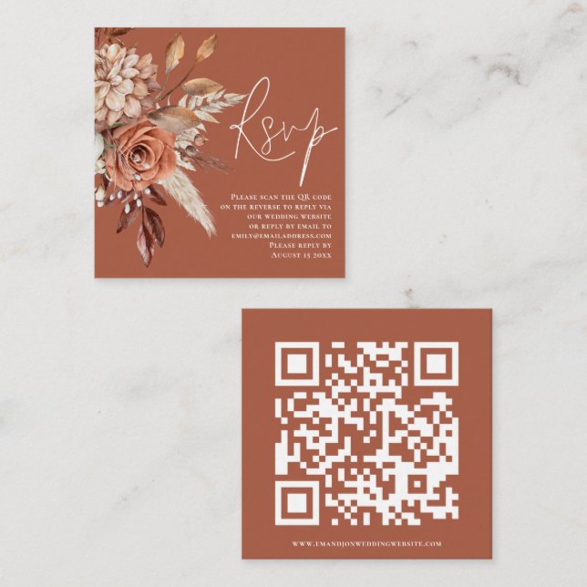Carte D'accompagnement Boho Florals QR Code Terracotta Wedding RSVP (Devant / Derrière)