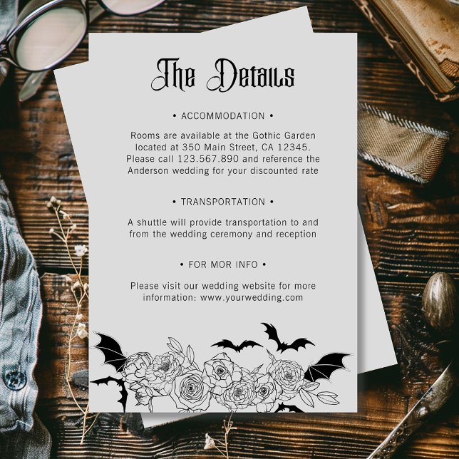 Carte D'accompagnement Boho Gothique Botanical Grey Détails du Mariage (Créateur téléchargé)