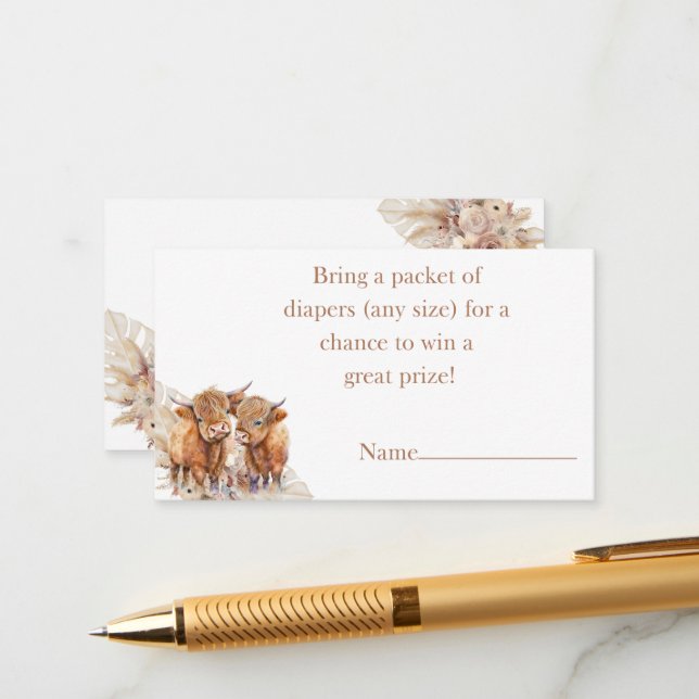 Carte D'accompagnement Boho Highland Cow pampas herbe diaper tombole (Devant/Arrière en situation)