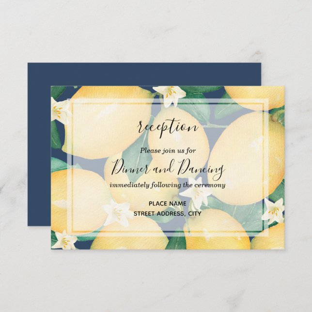 Carte D'accompagnement Boho Lemons on Navy Blue Feuilles mariage réceptio (Devant / Derrière)