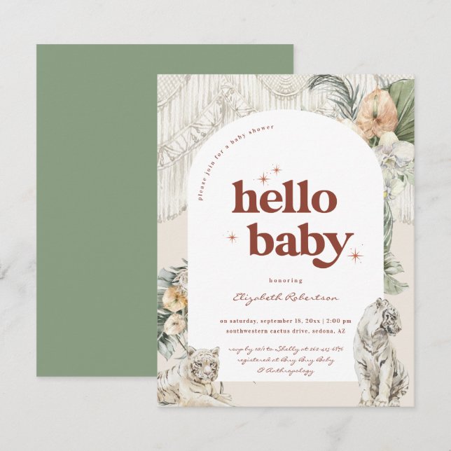 Carte D'accompagnement Boho Macrame Tiger Vert | BABY SHOWER (Devant / Derrière)