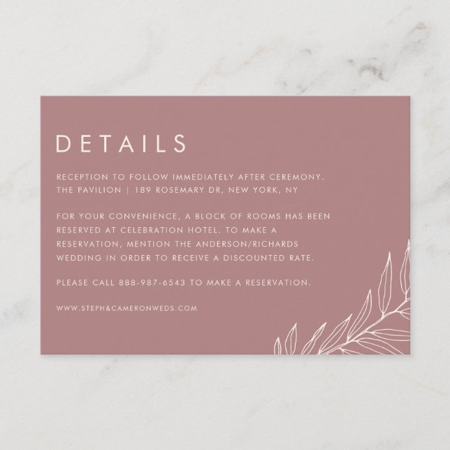 Carte D'accompagnement Boho Mauve Minimalist Foliage Détails du Mariage (Devant)