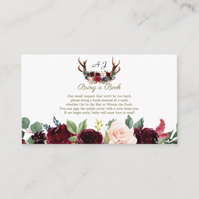 Carte D'accompagnement Boho Merlot Marine Blue Floral Antlers Apportez un (Devant)