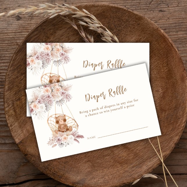 Carte D'accompagnement Boho Pampas Floral Bear Diaper Baby shower Raffin (Boho Pampas Floral Bear Books For Baby Shower Enclosure Card)