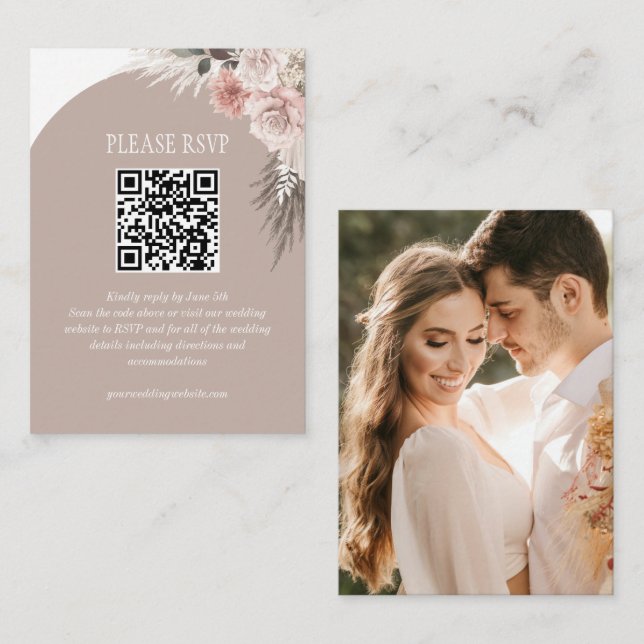 Carte D'accompagnement Boho Pampas Grass Beige Mariage Website QR Code (Devant / Derrière)