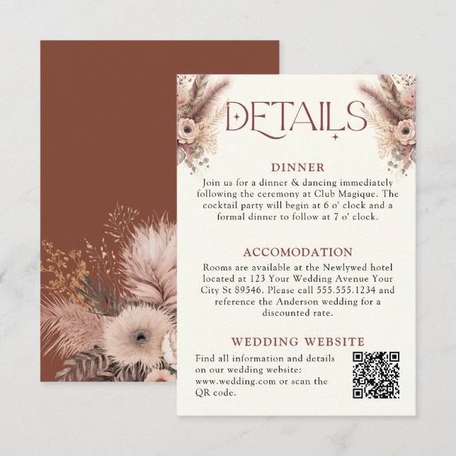 Carte D'accompagnement Boho Pampas Grass Terracotta Détails du Mariage (Devant / Derrière)