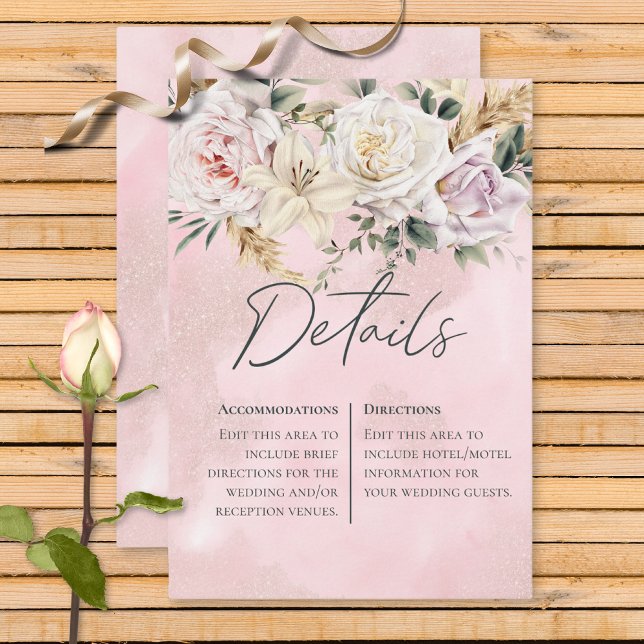 Carte D'accompagnement Boho Pampas & Pink Roses Détails du Mariage (Créateur téléchargé)