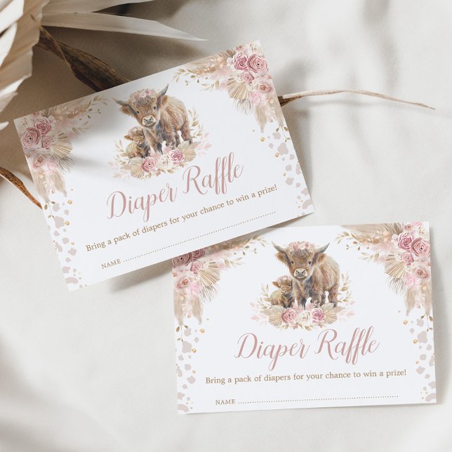 Carte D'accompagnement Boho Pampas rose Floral Highland Cow Diaper Raffin (Créateur téléchargé)