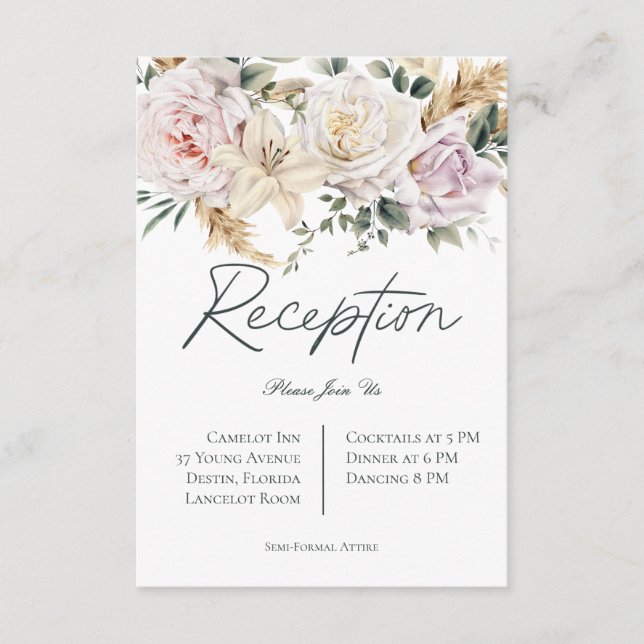 Carte D'accompagnement Boho Pampas & Roses Rose Mariage de réception blan (Devant)