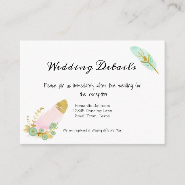 Carte D'accompagnement Boho Pink Auqa Or Plumes (Devant)