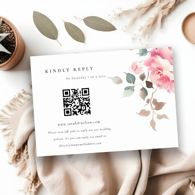 Carte D'accompagnement Boho Red Rose Fleurs Mariage QR Code RSVP (Créateur téléchargé)
