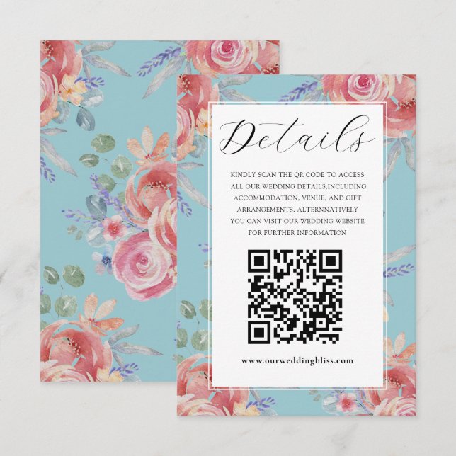 Carte D'accompagnement Boho Rose & Blue Floral Aquarelle Détails du Maria (Devant / Derrière)