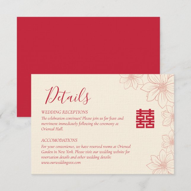 Carte D'accompagnement Boho rouge et beige floral chinois détails mariage (Devant / Derrière)