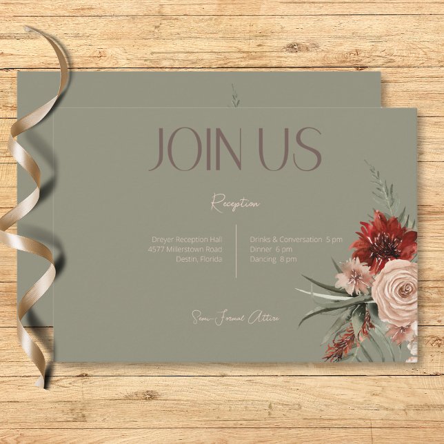 Carte D'accompagnement Boho Rust & Crème Fall Floral Sage Green Réception (Boho Rust & Cream Fall Floral Sage Green Reception Enclosure Card)