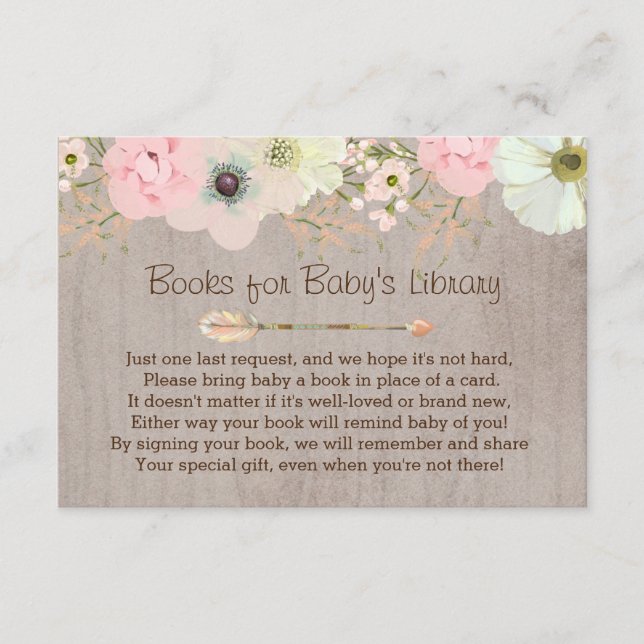 Carte D'accompagnement Boho Rustic Floral Feather Baby's Library Insérer (Devant)