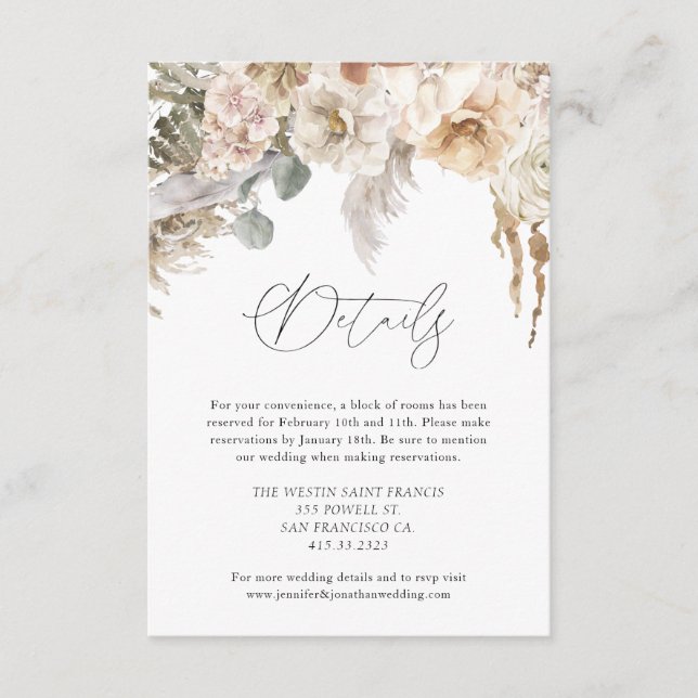 Carte D'accompagnement Boho Rustic Pampas Grass Détails du Mariage (Devant)