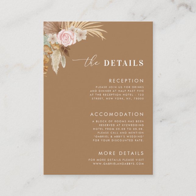 Carte D'accompagnement Boho séché Pampas Grass Desert Détails du Mariage (Devant)