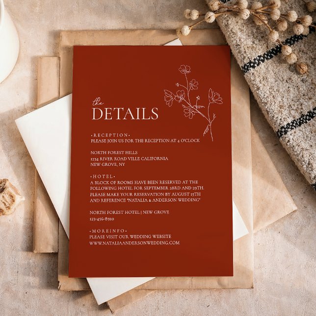 Carte D'accompagnement Boho Sienna Terracotta Floral Détails du Mariage (Créateur téléchargé)