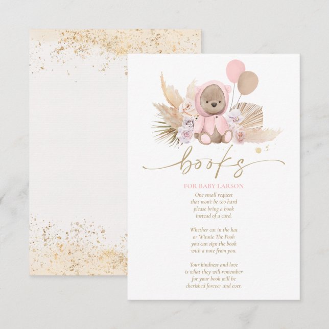 Carte D'accompagnement Boho Teddy Bear Baby shower Rose Livres Pour Bébé (Devant / Derrière)