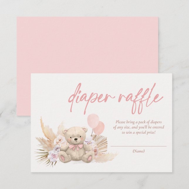Carte D'accompagnement Boho Teddy Bear Baby shower rose Refus de couche (Devant / Derrière)