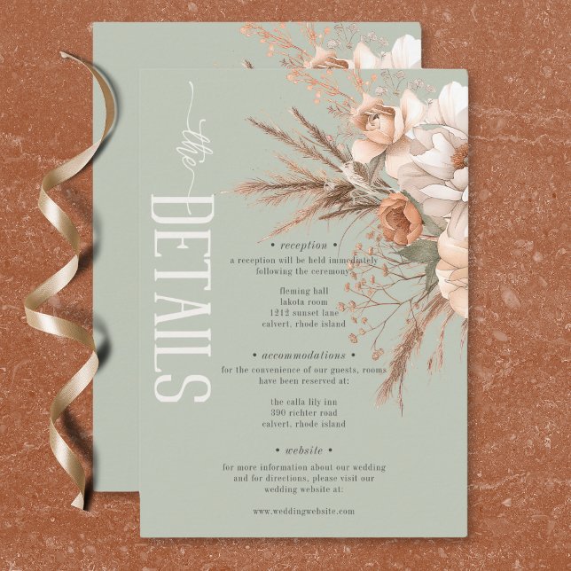 Carte D'accompagnement Boho Terracotta Pêche & Crème Floral Vert Détails (Boho Terracotta Peach & Cream Floral Green Details Enclosure Card)