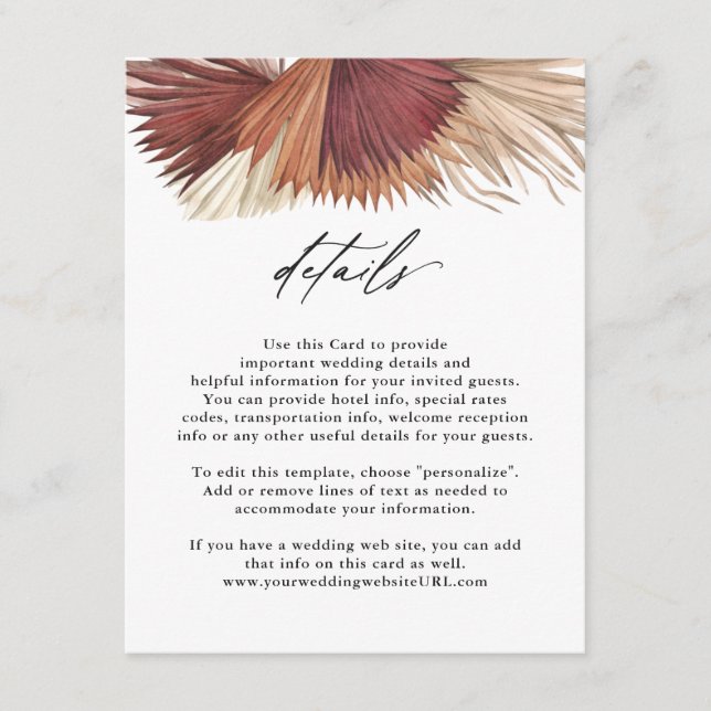 Carte D'accompagnement Boho Tropical Fan Palms Détails du Mariage Info (Devant)