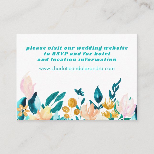 Carte D'accompagnement Boho Turquoise bleu et or aquarelle Mariage floral (Devant)