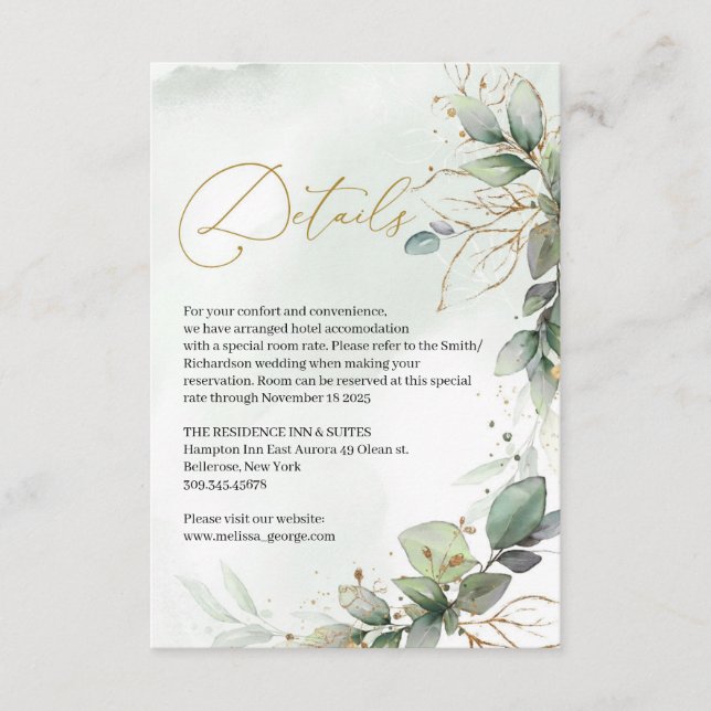 Carte D'accompagnement Boho verdure eucalyptus feuillage faux cadre or (Devant)