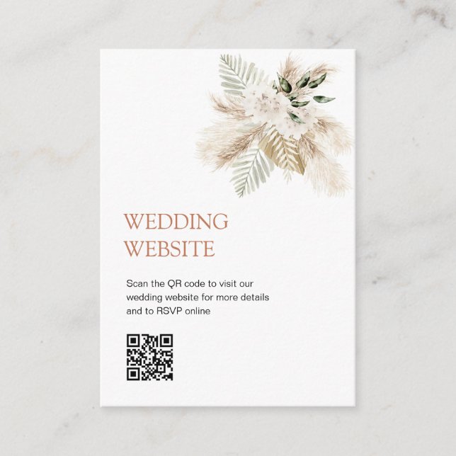 Carte D'accompagnement Boho verdure pampas herbe code QR site mariage (Devant)
