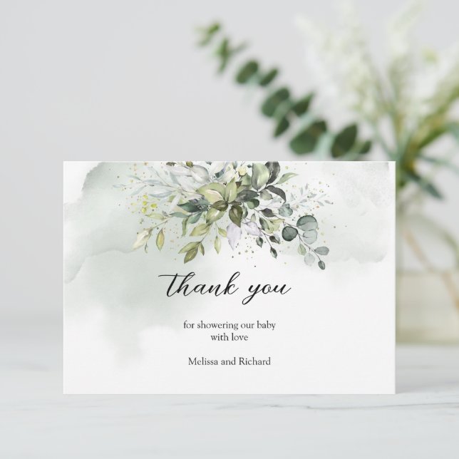 Carte D'accompagnement Boho vert feuillage or lettres Merci (Debout devant)