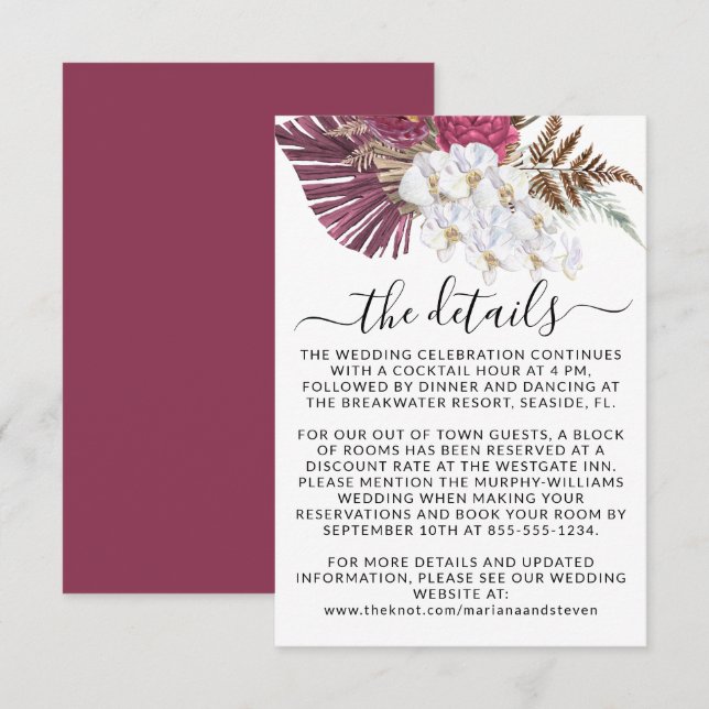 Carte D'accompagnement Boho White Orchidées Blush Burgundy Floral Mariage (Devant / Derrière)