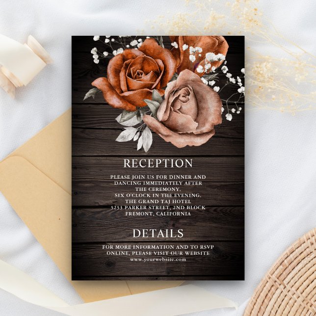 Carte D'accompagnement Bois brûlé Orange Rose Terracotta Détails Mariage (Créateur téléchargé)