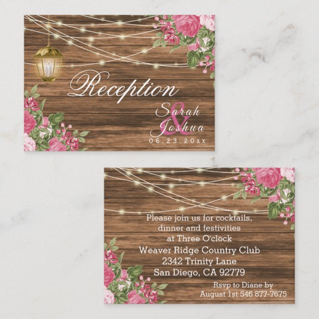 Carte D'accompagnement Bois, lanternes et fleurs de mauve rose - Réceptio (Devant / Derrière)