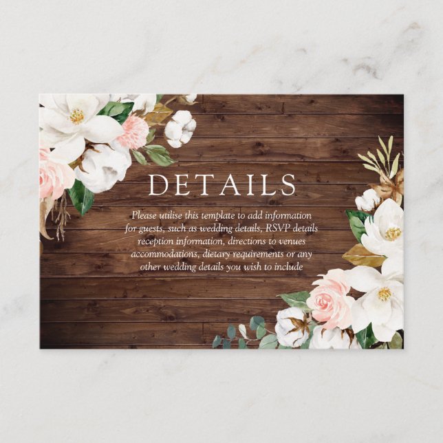 Carte D'accompagnement Bois rustique Blush & Fleurs blanches Détails du M (Devant)