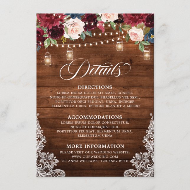 Carte D'accompagnement Bois rustique Bourgogne Floral Mason Jar Mariage (Devant)