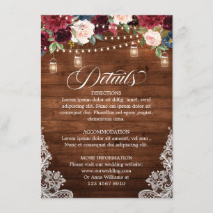 Carte D'accompagnement Bois rustique Bourgogne Floral Mason Jar Mariage