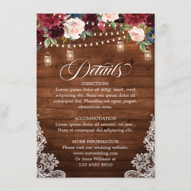 Carte D'accompagnement Bois rustique Bourgogne Floral Mason Jar Mariage (Devant)