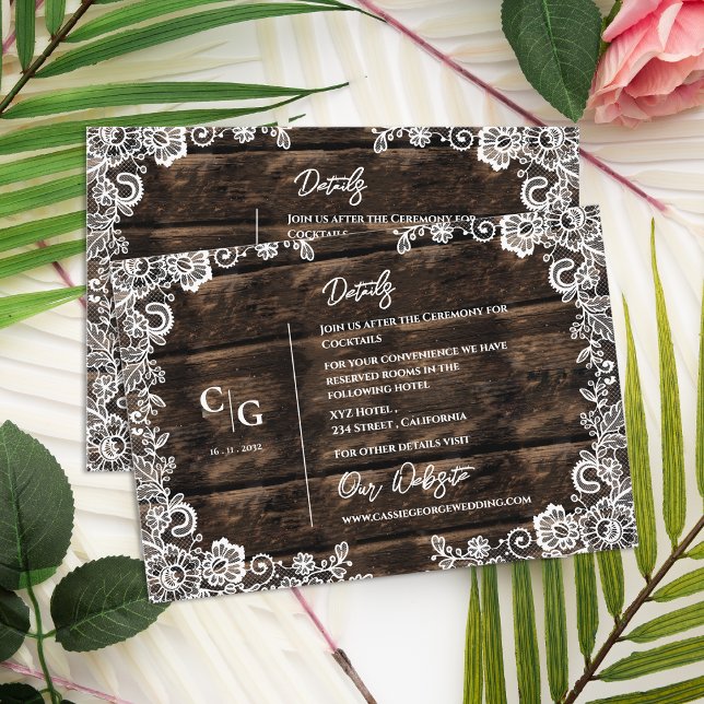 Carte D'accompagnement Bois rustique et dentelle blanche Détails du Maria (Rustic Wood and White Lace Wedding Details Info Enclosure Card)