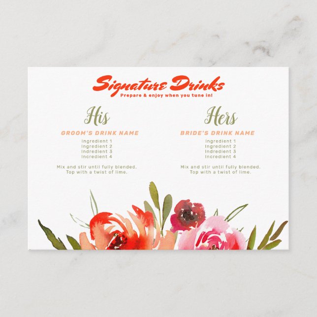 Carte D'accompagnement Boissons de signature à aquarelle florale Mariage  (Devant)