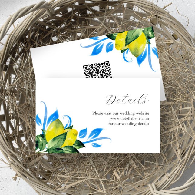 Carte D'accompagnement Boîtier de Mariage de citrons bleu et jaune (sustainable wedding ideas details card QR code Italian wedding lemon art by Victoria Grigaliunas)