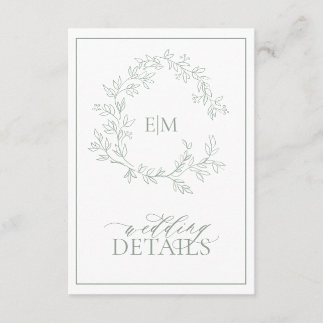 Carte D'accompagnement Boîtier de Mariage de monogramme de soie vert Sage (Devant)