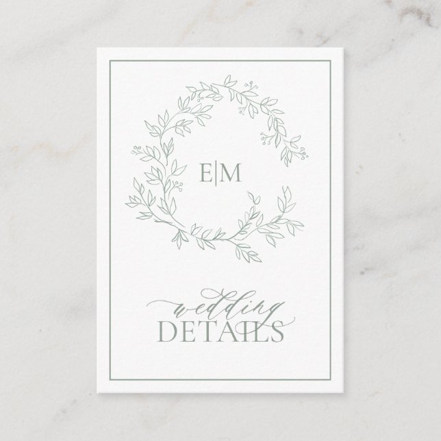 Carte D'accompagnement Boîtier de Mariage de monogramme de soie vert Sage (Devant)