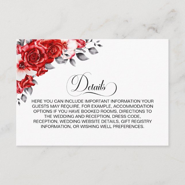 Carte D'accompagnement Boîtier Détails du Mariage Floral Rouge (Devant)