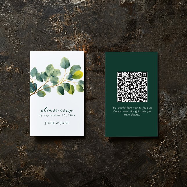 Carte D'accompagnement Boîtier rsvp mariage de la branche Eucalyptus (Eucalyptus wedding RSVP card with watercolor branch and QR code for online response.)