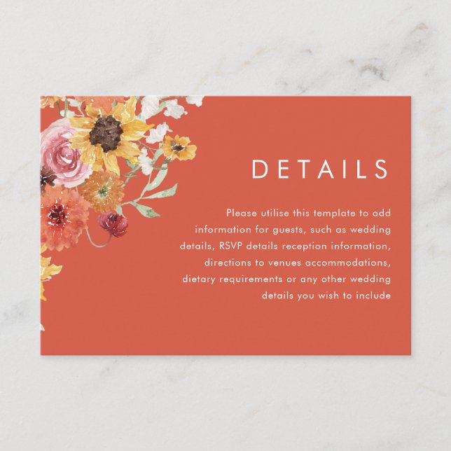 Carte D'accompagnement Bold Summer Floral Modern Wedding Details (Devant)