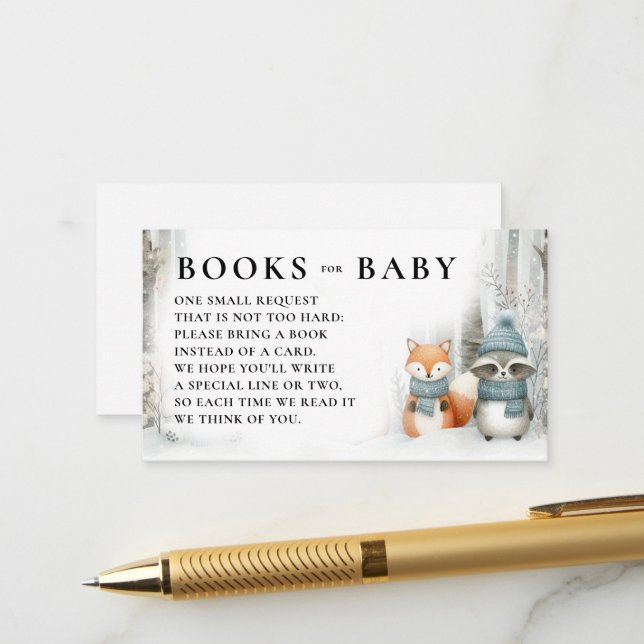 Carte D'accompagnement Books Winter Snow Woodland Animals Baby Shower (Devant/Arrière en situation)