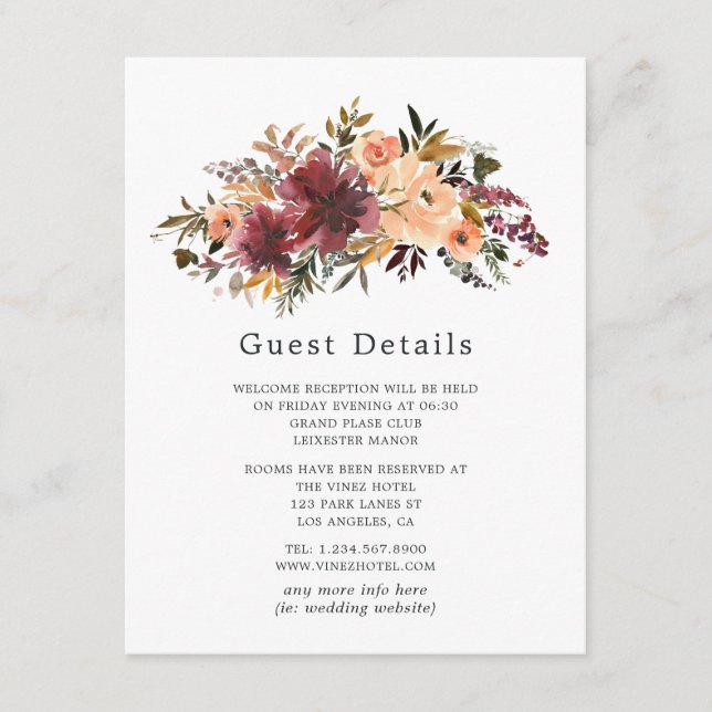 Carte D'accompagnement Bordo Peach Floral Mariage Détails de l'invité (Devant)